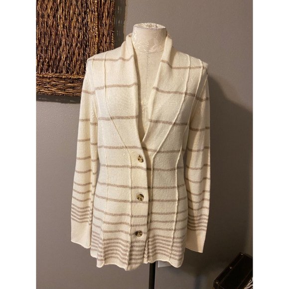 Banana Republic Cardigan Sweater Cream Brown M Medium Stripe Wool Cashmere Touch - Picture 3 of 8